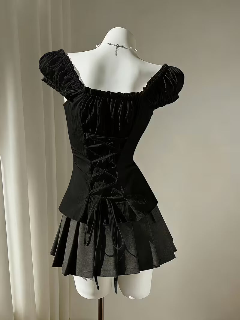 Directional Style Y2K Girly Waist-Cinching Top, Ruffled Puff Sleeve Single-Button Shirt, Square Neck Pleated Women'S Blouse