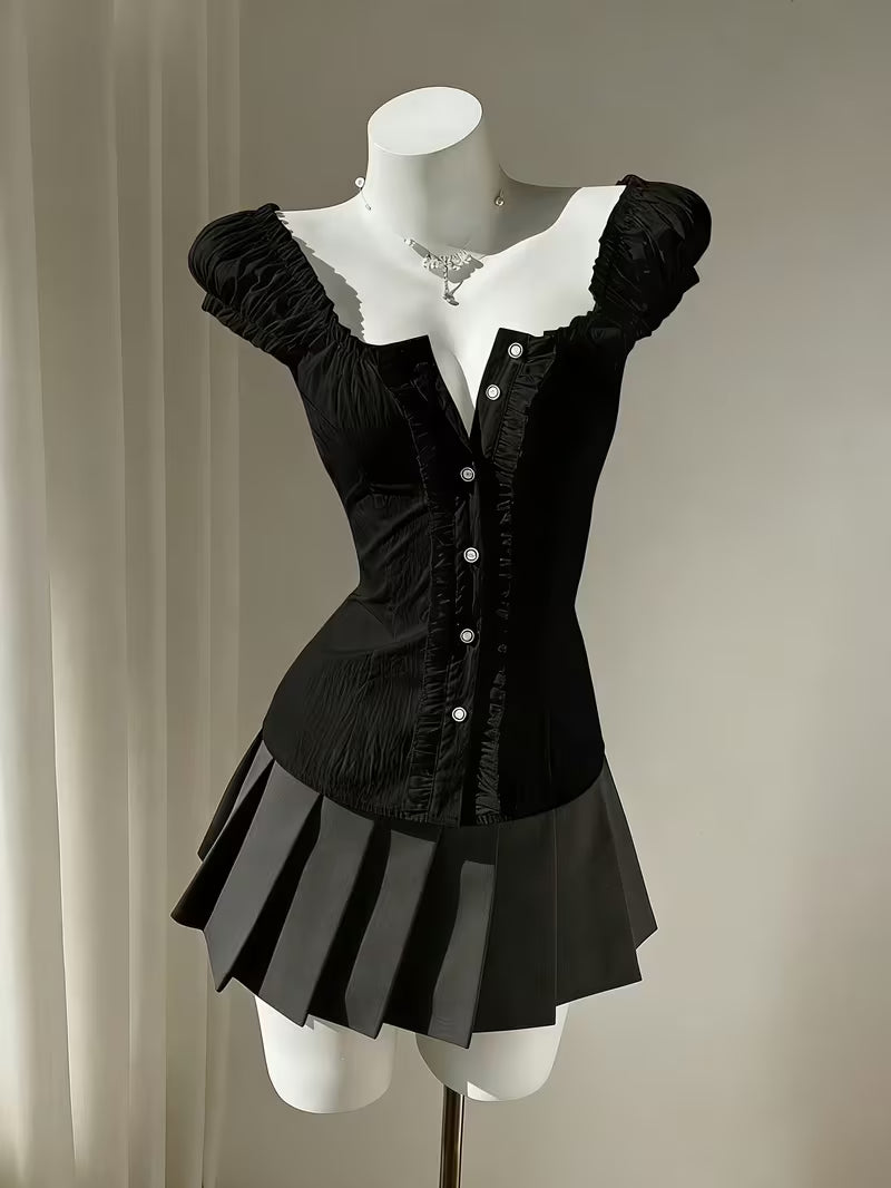 Directional Style Y2K Girly Waist-Cinching Top, Ruffled Puff Sleeve Single-Button Shirt, Square Neck Pleated Women'S Blouse