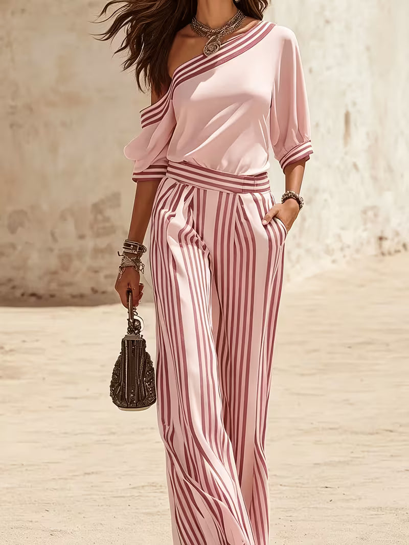 Women'S One Shoulder Top And Striped Wide Leg Pants Set Casual Loose Color Block Matching Set
