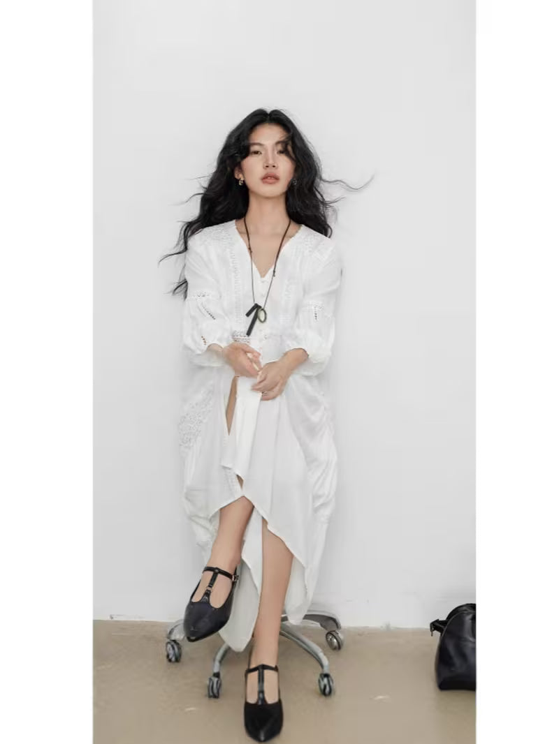 Women' French Hollow Out Lace Dress - -Line Semi-Sheer Summer Dress with Puff Sleeves & Waist Fit
