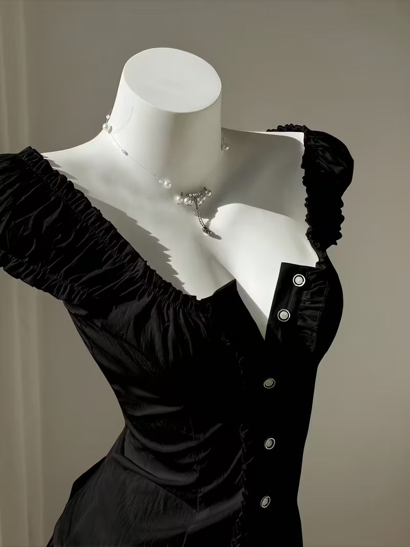 Directional Style Y2K Girly Waist-Cinching Top, Ruffled Puff Sleeve Single-Button Shirt, Square Neck Pleated Women'S Blouse