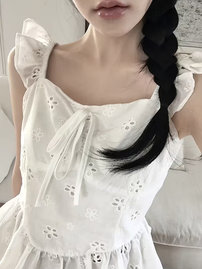 2026 Spring/Summer New Arrival Hollow-Out Embroidered Shirt, Square Neckline with Ruffle Trim, Sweet Style with Tie-Up Waist