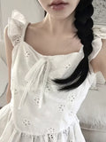 2026 Spring/Summer New Arrival Hollow-Out Embroidered Shirt, Square Neckline with Ruffle Trim, Sweet Style with Tie-Up Waist