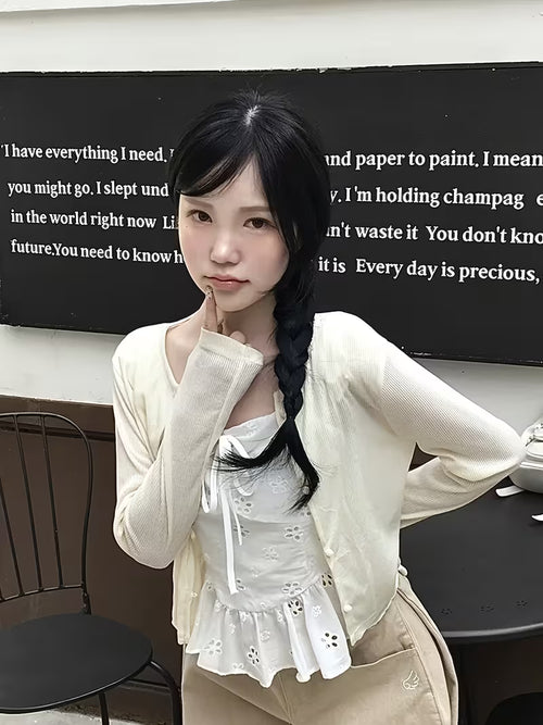 2026 Spring/Summer New Arrival Hollow-Out Embroidered Shirt, Square Neckline with Ruffle Trim, Sweet Style with Tie-Up Waist