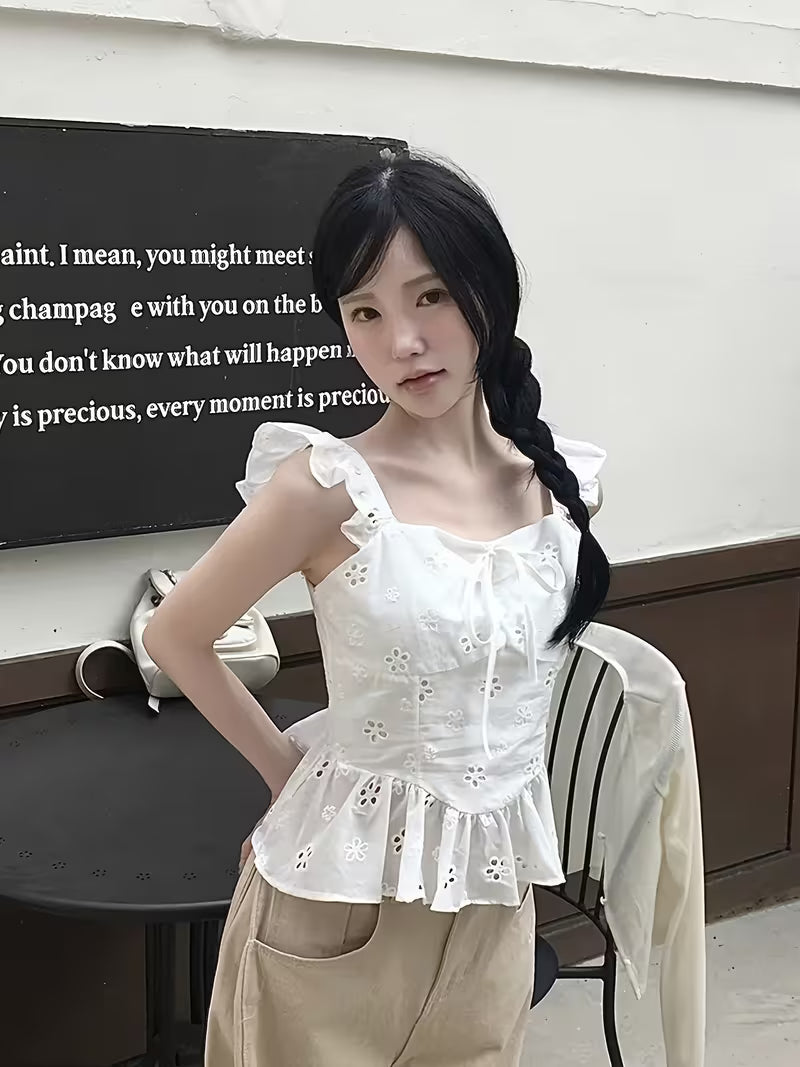 2026 Spring/Summer New Arrival Hollow-Out Embroidered Shirt, Square Neckline with Ruffle Trim, Sweet Style with Tie-Up Waist