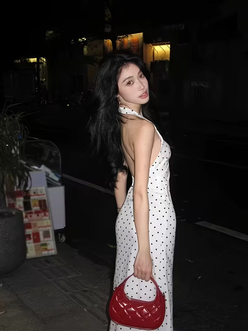 French Retro Halter V-Neck Sleeveless Slim-Fit Polka Dot Backless White Dress, French Sexy V-Neck Backless Halter Dress Temperament Long Skirt Retro Polka Dot Waist-Cinching Dress