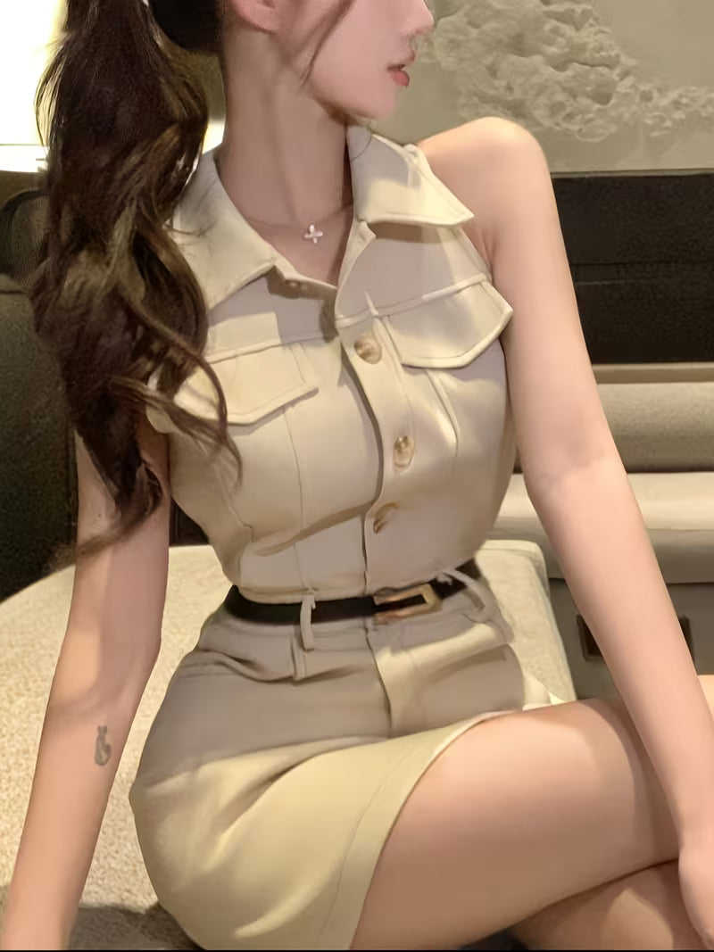 Women'S Sleeveless Shirt Dress with a French-Style Collar And Belt, Featuring a Slim Fit And High-Waisted A-Line Short Skirt