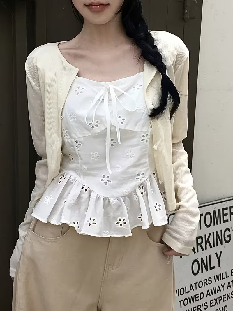 2026 Spring/Summer New Arrival Hollow-Out Embroidered Shirt, Square Neckline with Ruffle Trim, Sweet Style with Tie-Up Waist