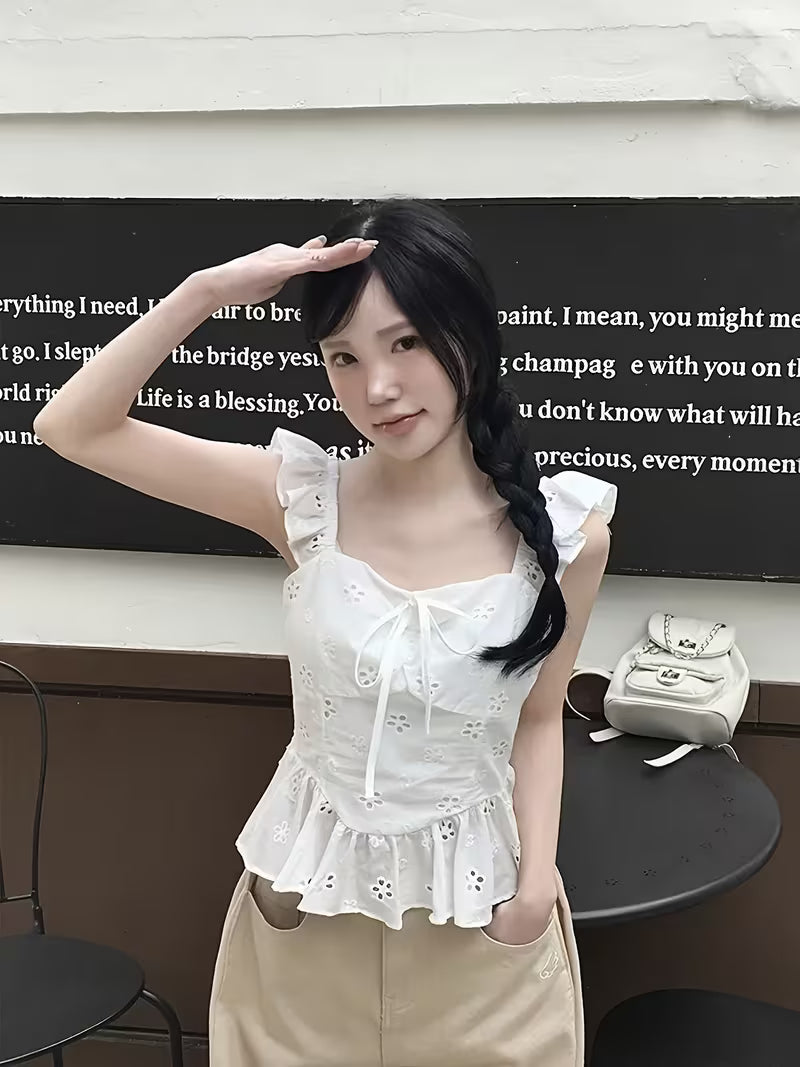 2026 Spring/Summer New Arrival Hollow-Out Embroidered Shirt, Square Neckline with Ruffle Trim, Sweet Style with Tie-Up Waist