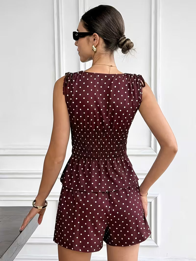 New Women's Fashion Polka Dot Casual Top and Shorts 2pcs Set, Elastic Waistband Top Set, Polka Dot Set