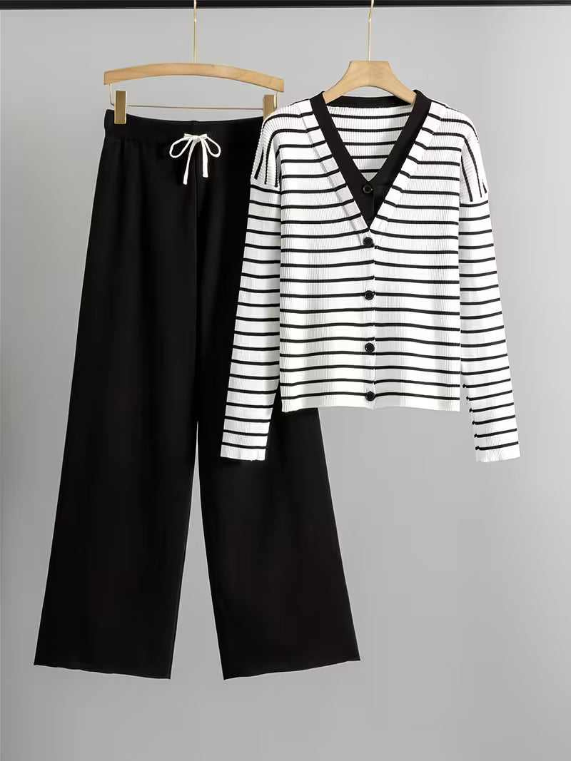 Smooth and Not Easily DeformedStriped V-neck Faux 2pcs Top and Wide-leg Pants 2pcs Set, Fashionable Sweater Set, Waist-cinching and Slim-fitting