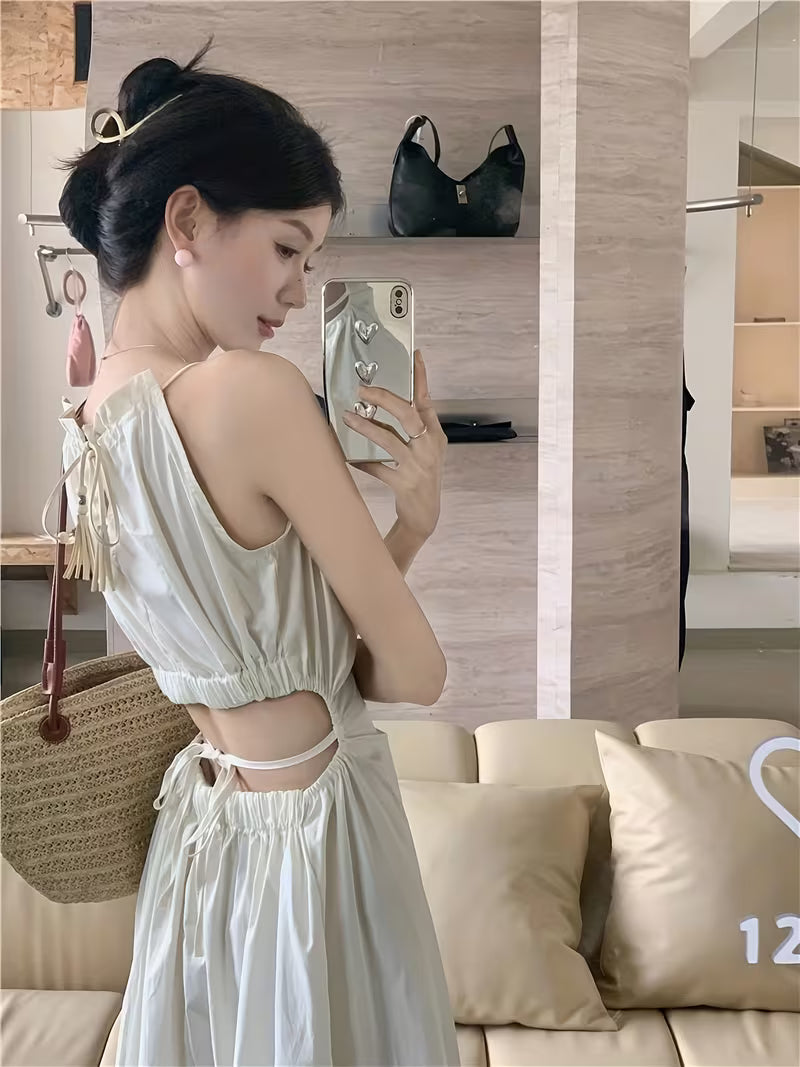Women's Elegant Halter Neck Off-Shoulder Dress - Lightweight Lace Trim Long Sleeveless Beach Dress with Adjustable Waist Tie