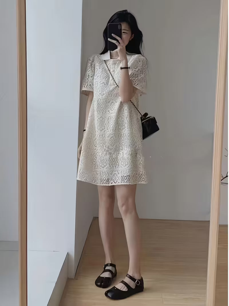 French-Style Hollow-Out Lace Dress for Women, Versatile Loose-Fit Collar Midi Dress for Summer