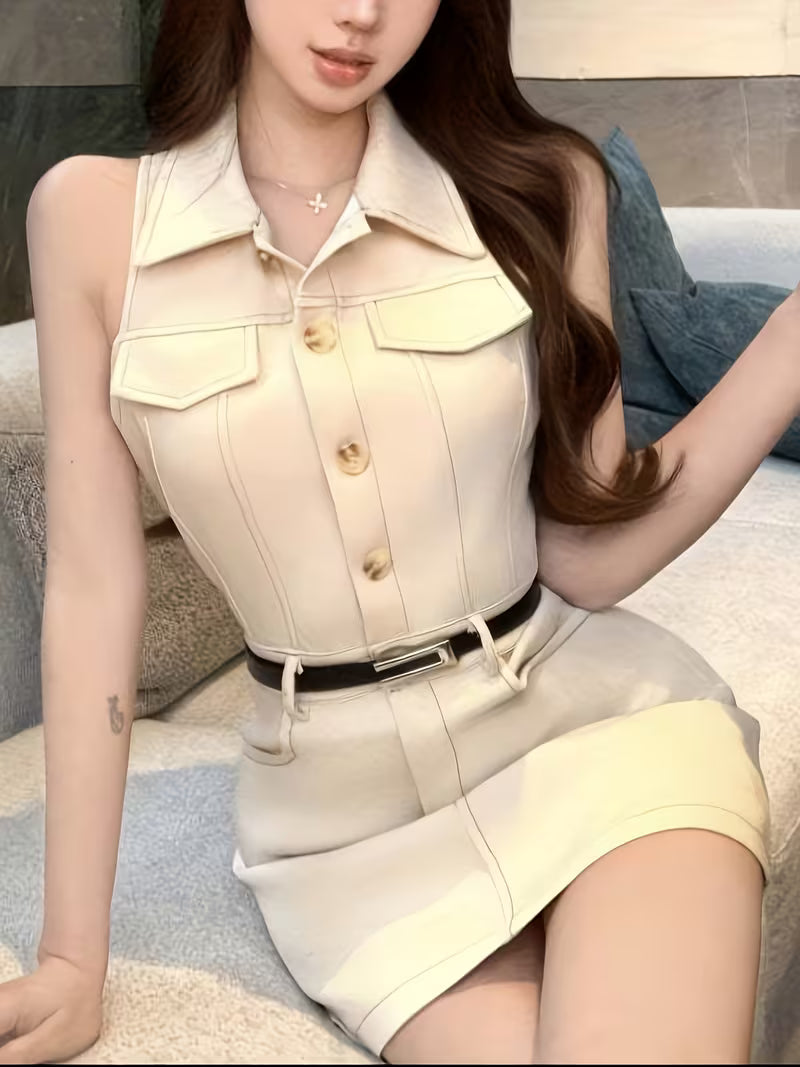 Women'S Sleeveless Shirt Dress with a French-Style Collar And Belt, Featuring a Slim Fit And High-Waisted A-Line Short Skirt