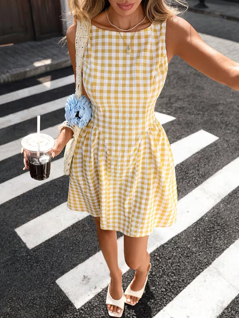 French-Style Sleeveless Plaid Mini Dress, Women's Plaid Dress