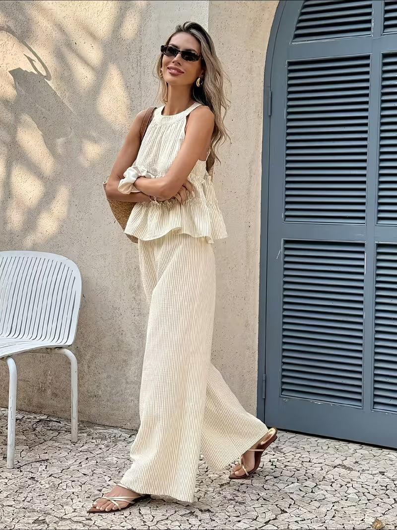 Casual Vacation Style 2pcs Set, Halter Neck Ruffled Sleeveless Top And High-Waist Wide-Leg Pants Women's Outfit