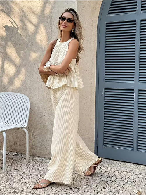 Casual Vacation Style 2pcs Set, Halter Neck Ruffled Sleeveless Top And High-Waist Wide-Leg Pants Women's Outfit
