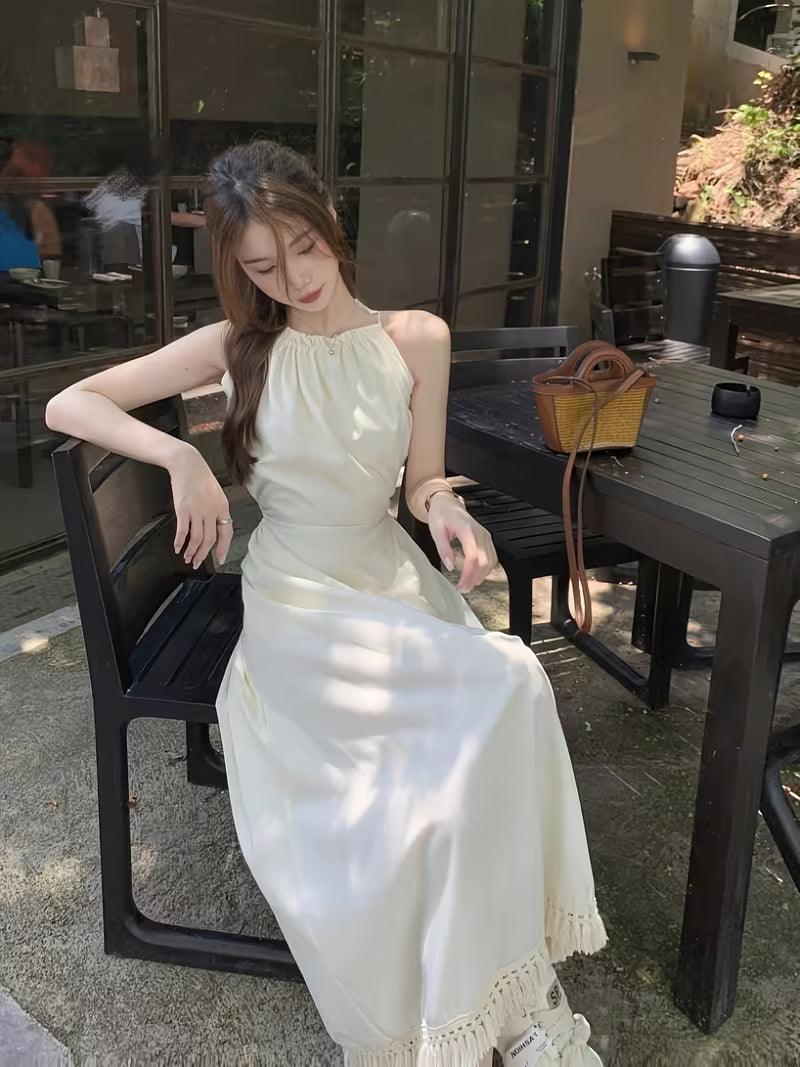 Women's Elegant Halter Neck Off-Shoulder Dress - Lightweight Lace Trim Long Sleeveless Beach Dress with Adjustable Waist Tie