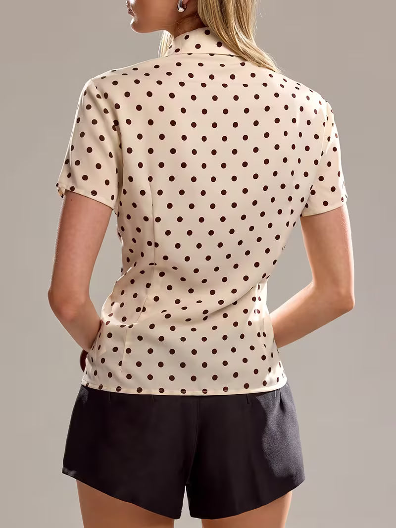 [Polka Dot Shirt] Popular Polka Dot Print Women's Short Sleeve Shirt, Waist-Cinching Versatile Commuter Cropped Shirt for Summer
