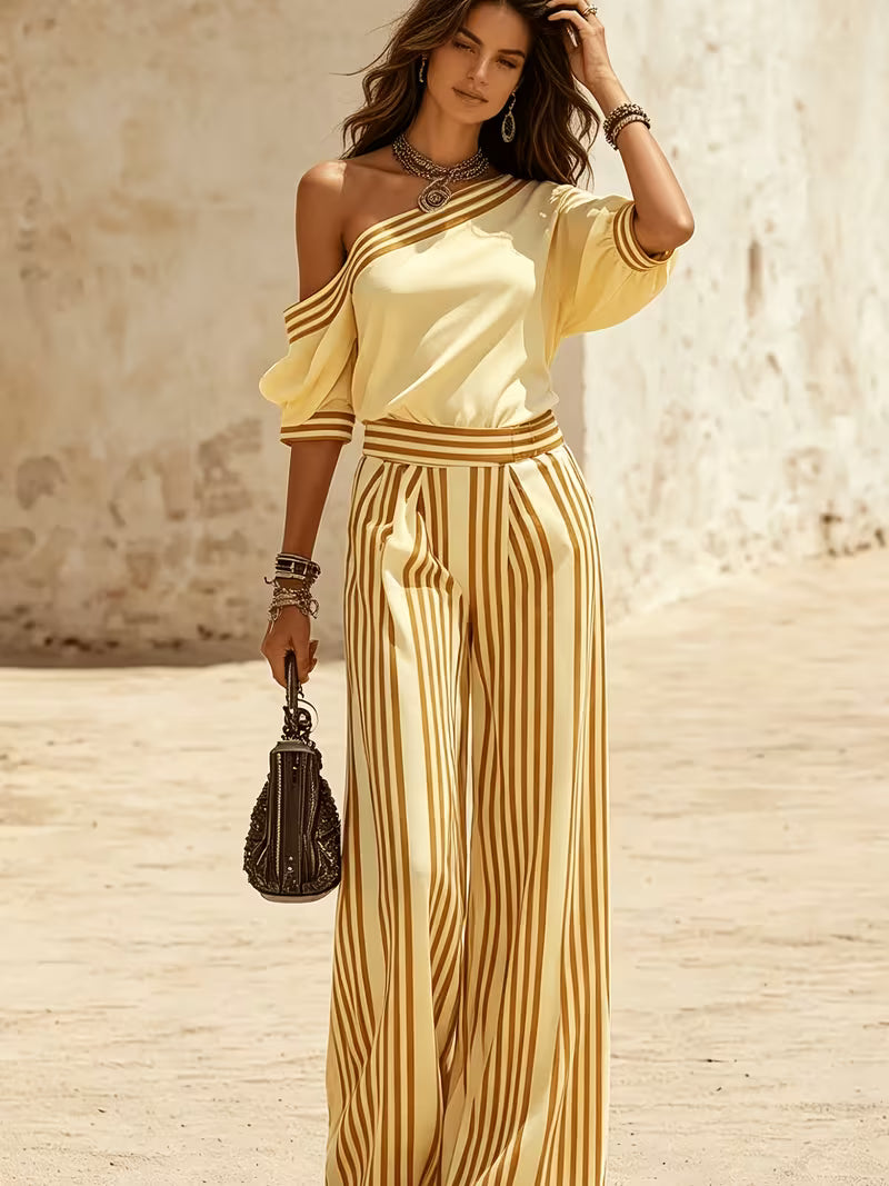 Women'S One Shoulder Top And Striped Wide Leg Pants Set Casual Loose Color Block Matching Set