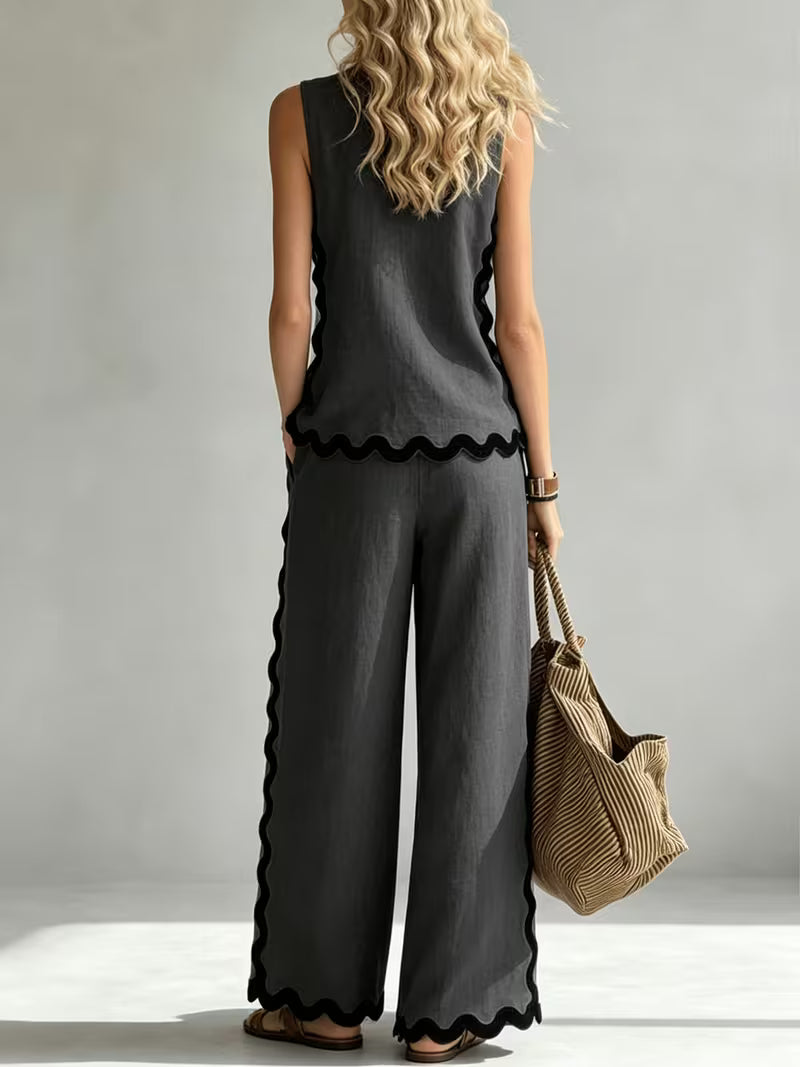Women's New Sleeveless Color-block Wide-leg Pants Set, Summer Women's Sleeveless Top Casual Fashion 2pcs Set