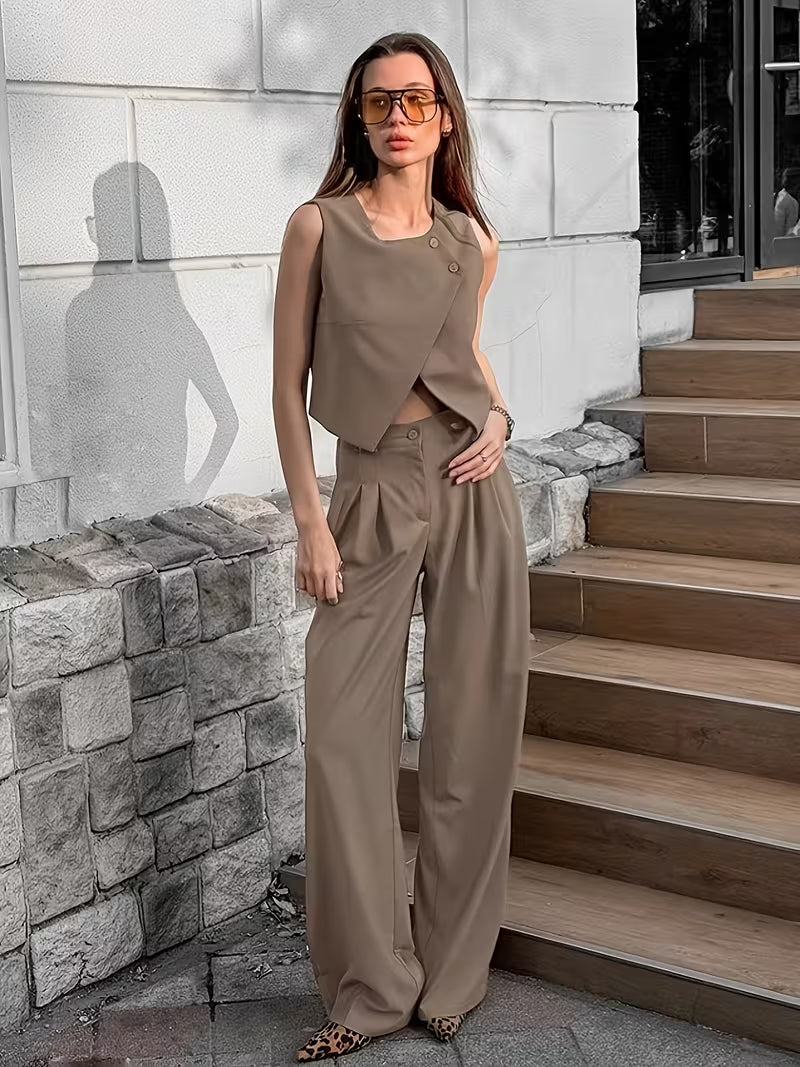 Commuter Chic Khaki Vest and Pants Two-Piece Set for Women | 2026 Spring New Arrival, Elegant Solid Color Design with Button Details