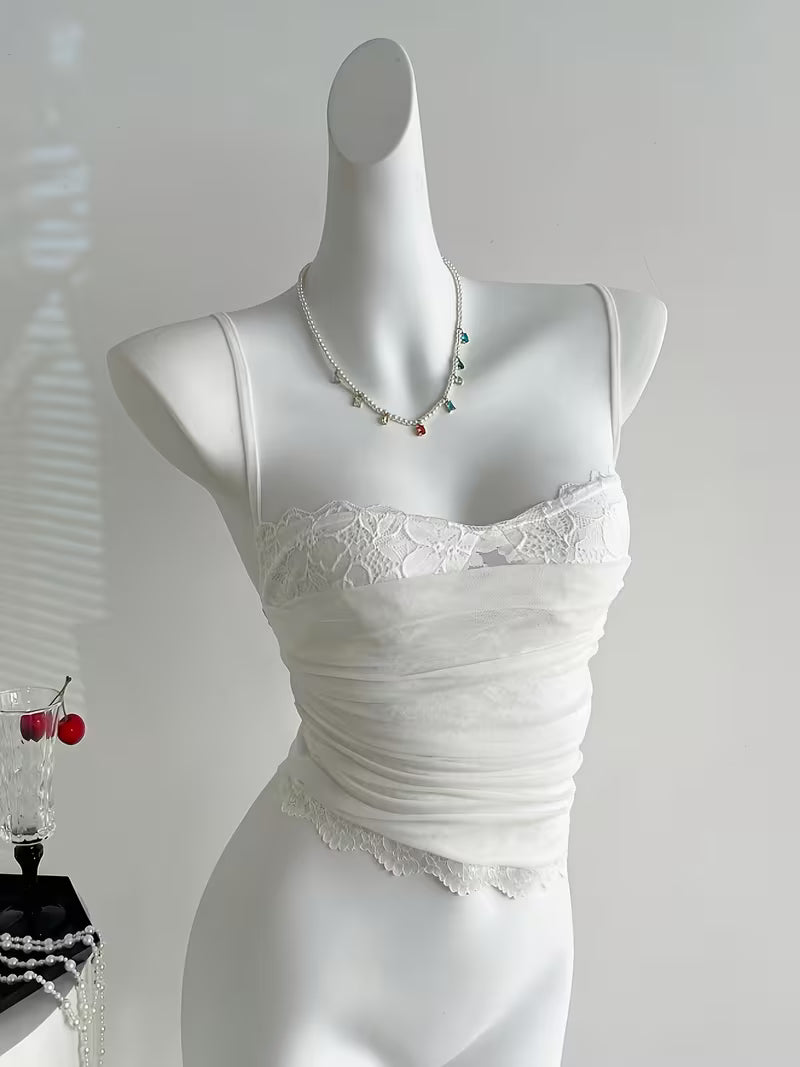 Women's Summer Lace Asymmetric Hem Cute, Delicate, Elegant, and Sexy Y2K Style Camisole Tank Top