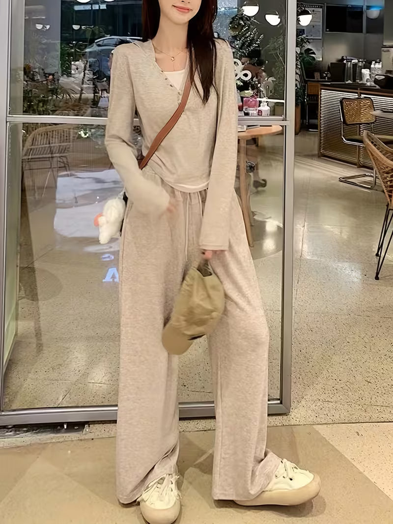New Women's Fashion Versatile Casual Y Style 2-in-1 Look Set: Simple Hooded Top + Wide-Leg Pants 2pcs Set