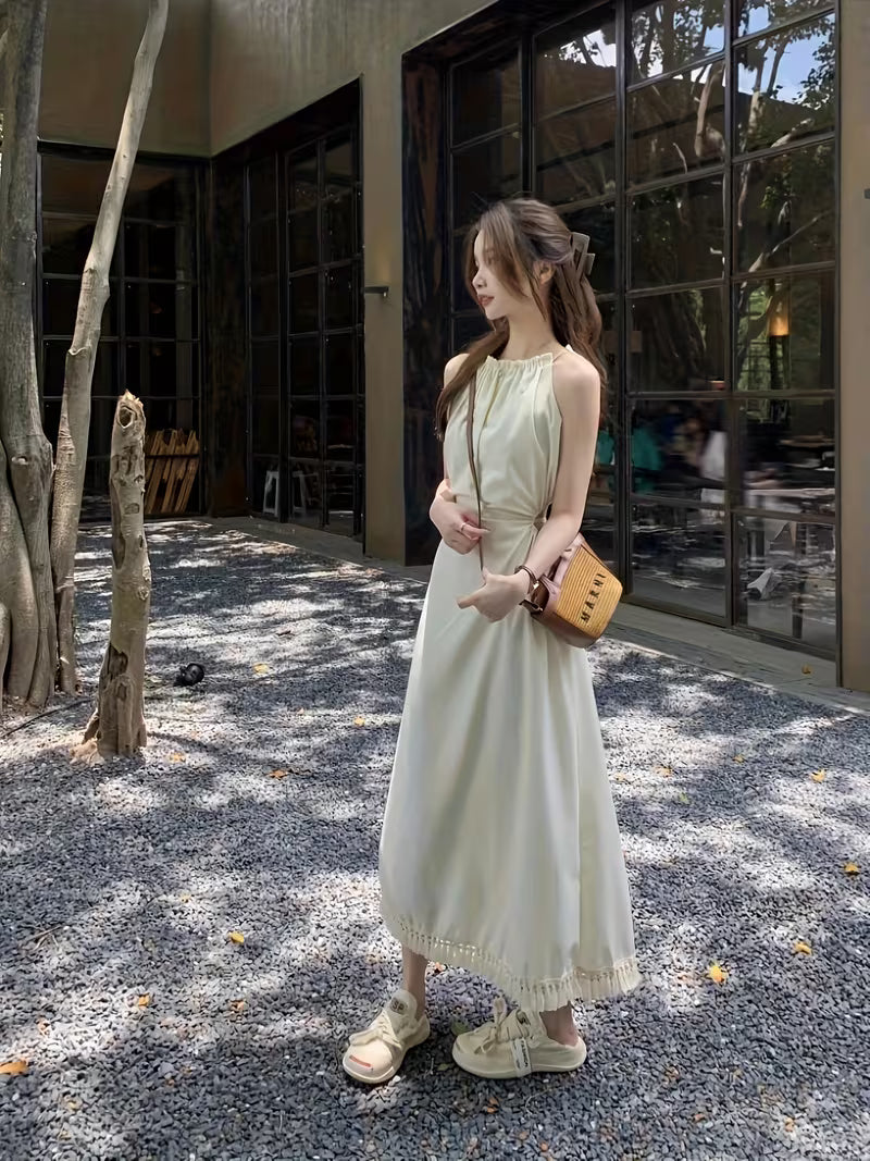 Women's Elegant Halter Neck Off-Shoulder Dress - Lightweight Lace Trim Long Sleeveless Beach Dress with Adjustable Waist Tie