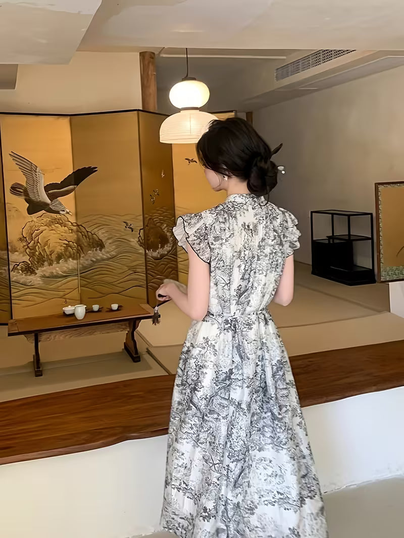 Chinese Style Ink Wash Painting Dress for Women, 2026 Summer New Arrival, Elegant and, New Chinese Style with Tie-Front Button and Small Flutter Sleeves, A-Line Skirt