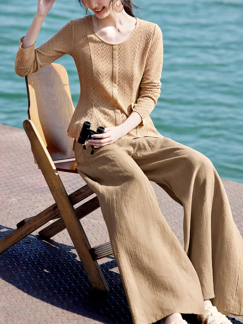 2pcs Set: Cardigan + Long Pants, New Summer Women's Pants Suit, Light Oxygen Set, Daily Commute Office Wear, Spring/Summer New Women's Clothing, Elegant Bell Sleeve Irregular Waist-Cinching Top with Draping Wide-Leg Pants in Ombre Color