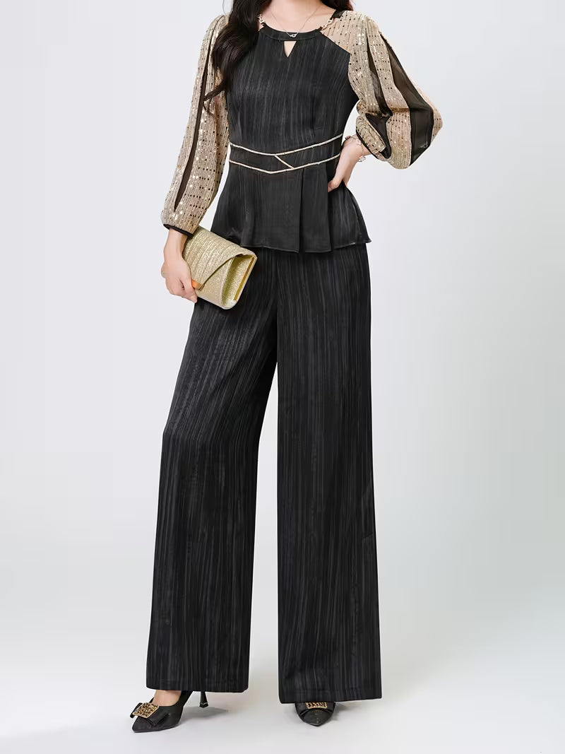 Black and Golden Vertical Stripe Sequin Wide-leg Pants Set, Featuring a V-neck with Subtle Cut-out Detailing and a Decorative Belt