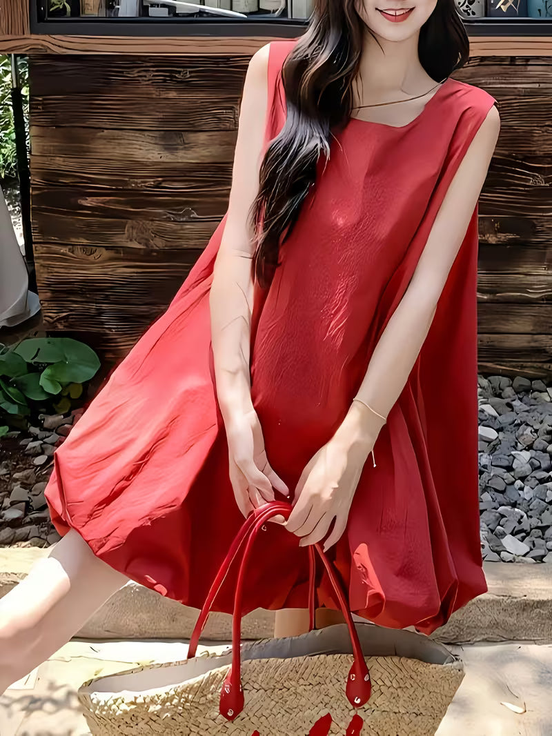 French-Style Classic Elegant Red Vest Dress for Women, 2026 New Summer Sleeveless Petal Skirt for Petite Figures