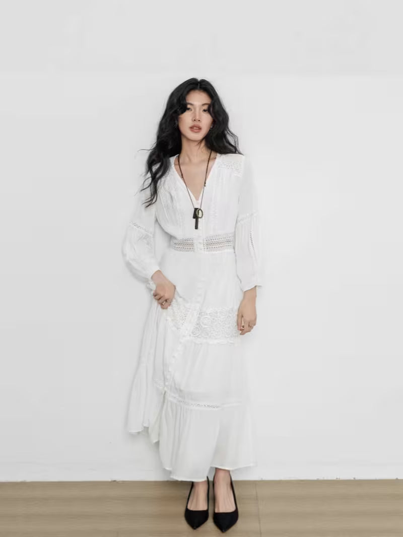 Women' French Hollow Out Lace Dress - -Line Semi-Sheer Summer Dress with Puff Sleeves & Waist Fit