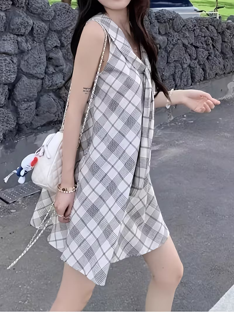 Summer New Academic Style Plaid Tie Dress for Women - Youthful Navy Collar Niche Vest Mini Skirt