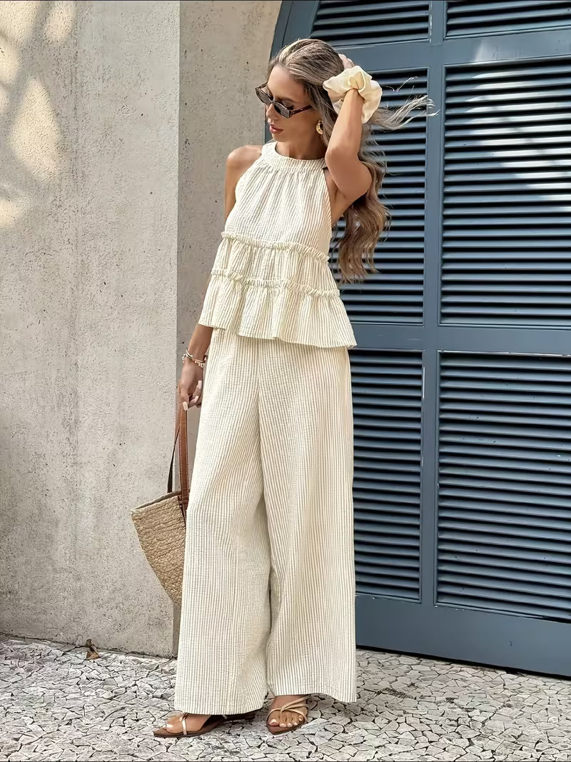 Casual Vacation Style 2pcs Set, Halter Neck Ruffled Sleeveless Top And High-Waist Wide-Leg Pants Women's Outfit