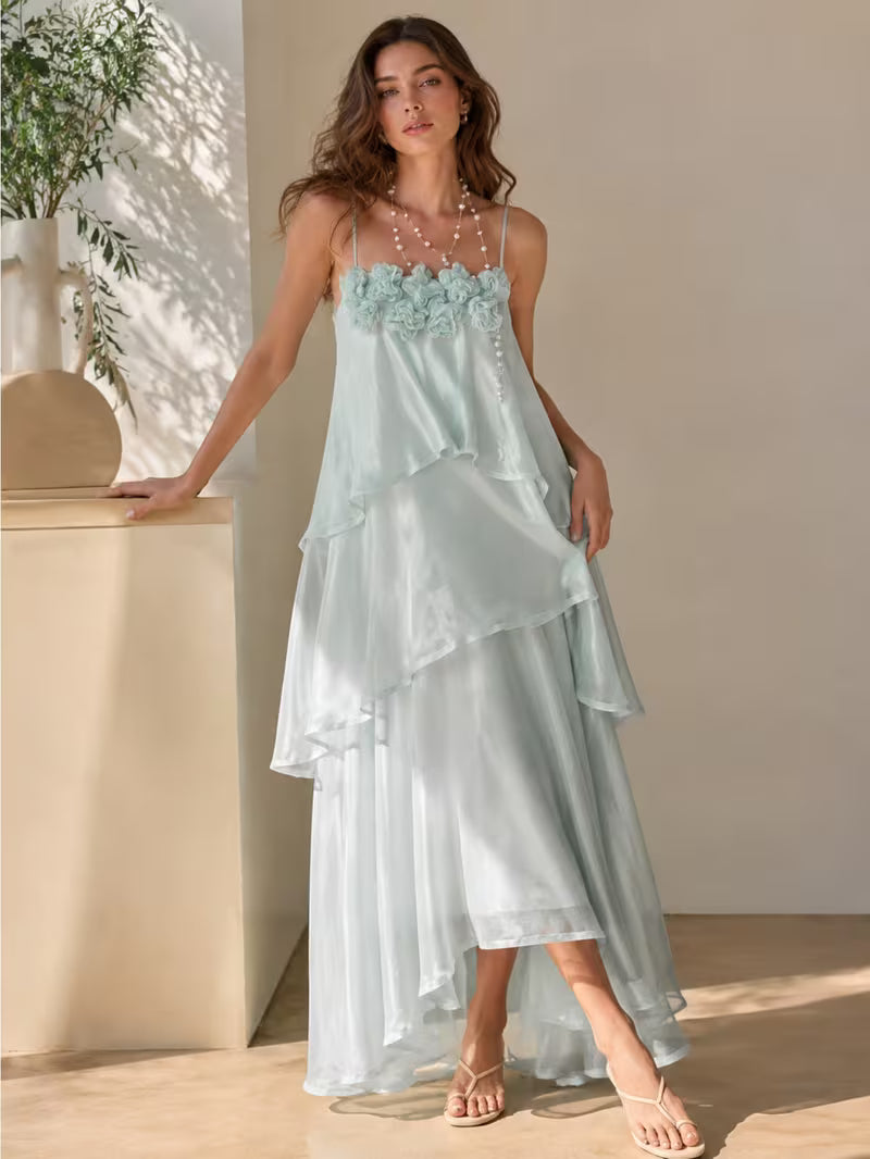 Women Spaghetti Strap Long Dress Layered Cake Skirt Breathable Relaxed Silhouette for Vacation Casual Daily Wear