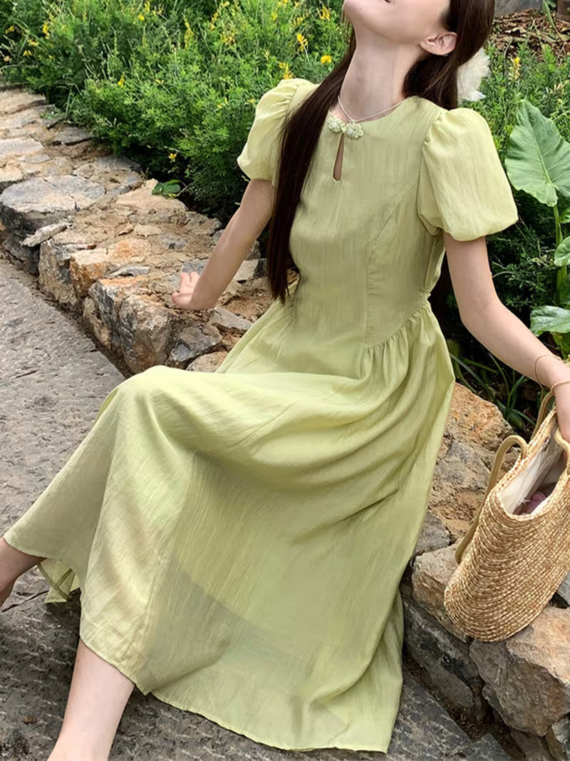 Light Yellow Summer Dress, Women's Round Neck Keyhole Front Puff Sleeve Casual Dress