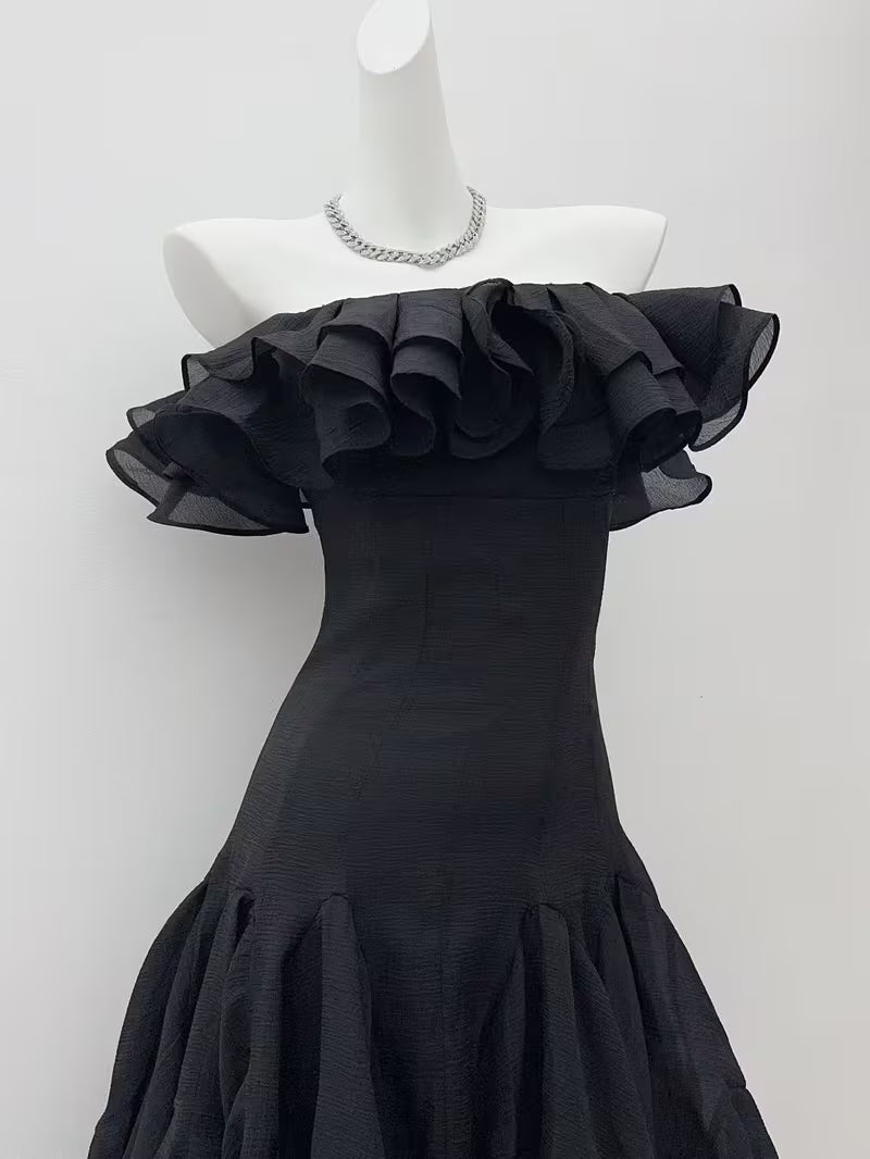 Women' High Waist Sleeveless Off-Shoulder Dress - Solid Ruffle Midi Length Asymmetrical Dress Suitable for Office, Commute & Casual Wear