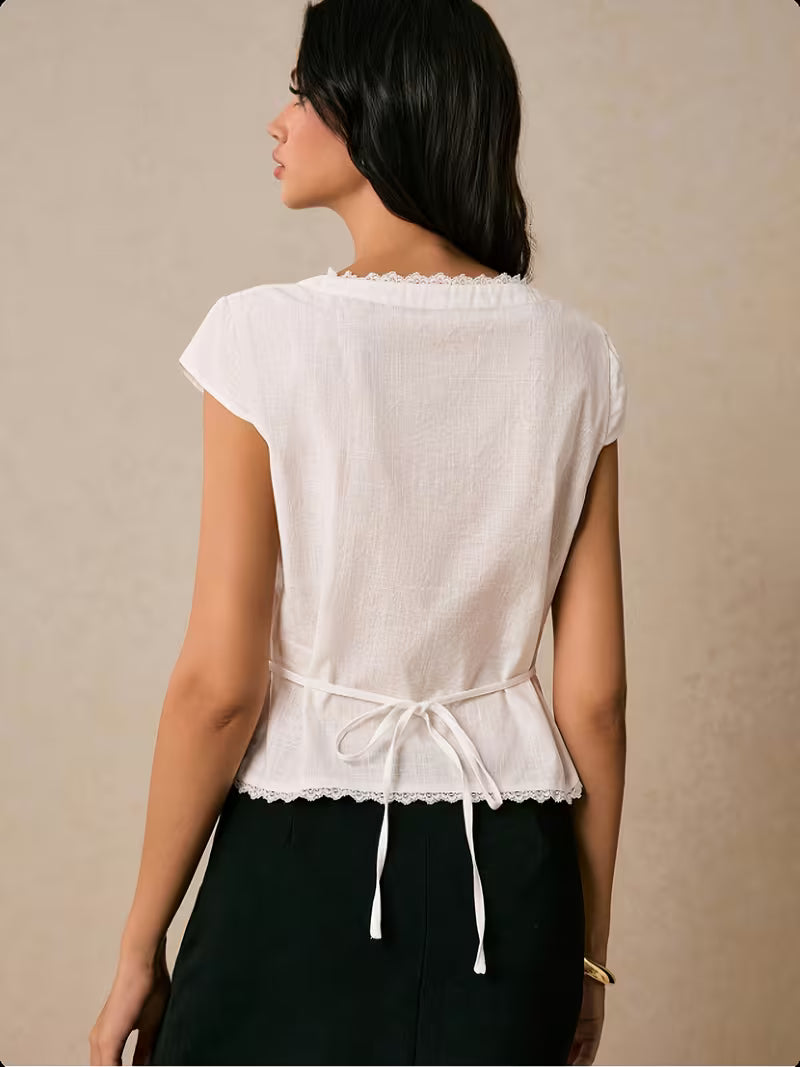 [Summer Lace Shirt] Women's Summer Solid Color Lace Trim Collar Single Button Short Sleeve V-Neck Shirt