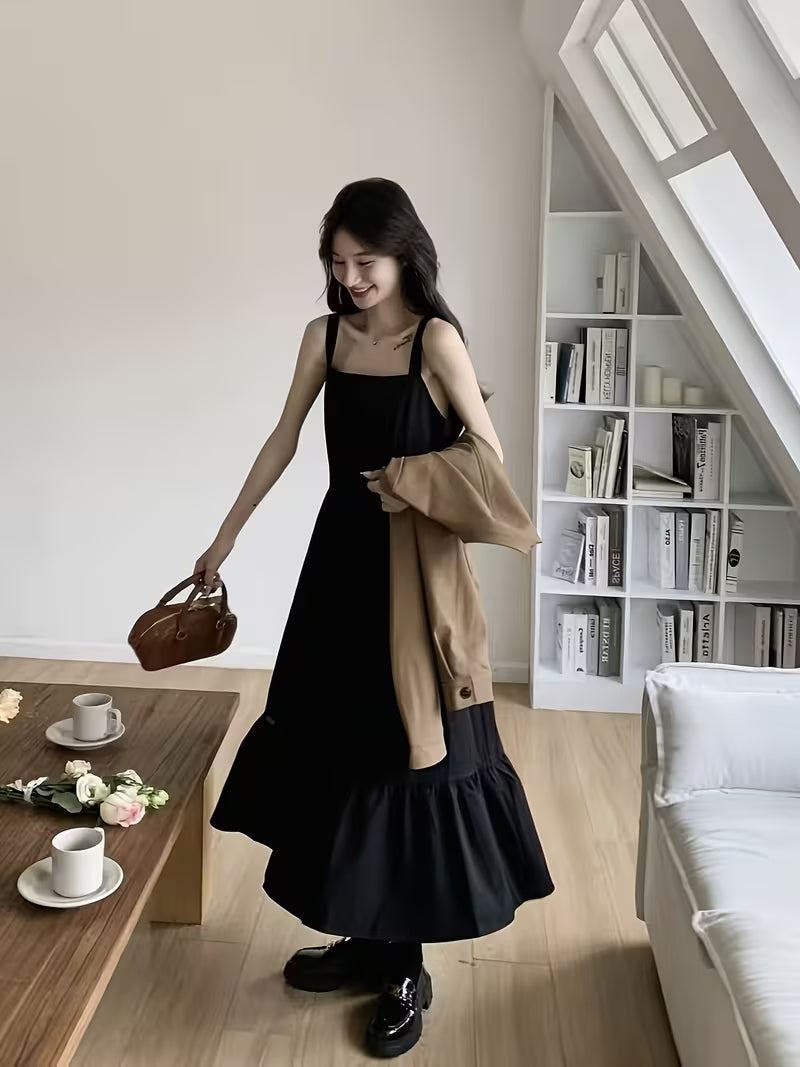 Spring Autumn Pure Color Suspender Dress