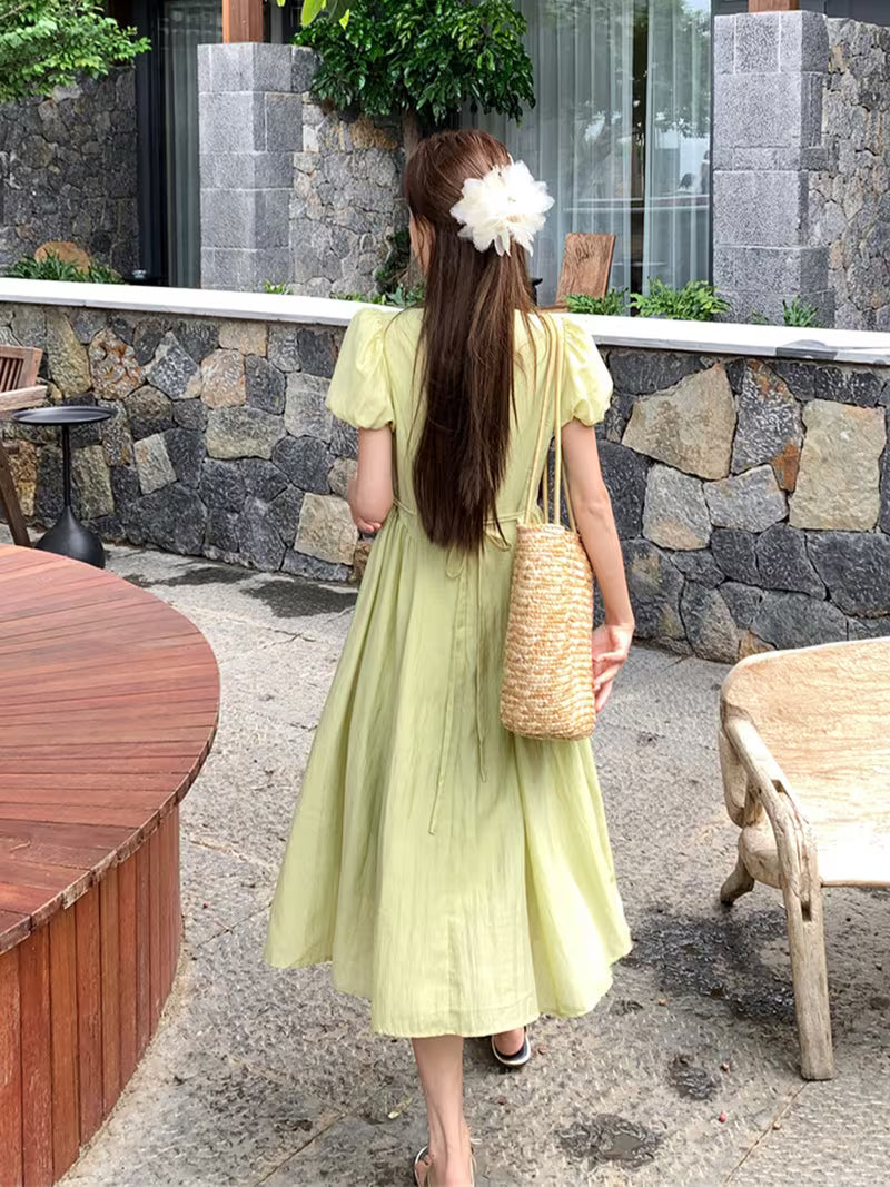 Light Yellow Summer Dress, Women's Round Neck Keyhole Front Puff Sleeve Casual Dress