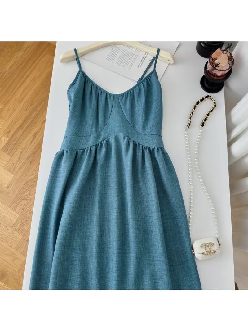 Chinese Style Blue Suspender Dress Summer New Arrival Waist Elegant Vacation Long Skirt