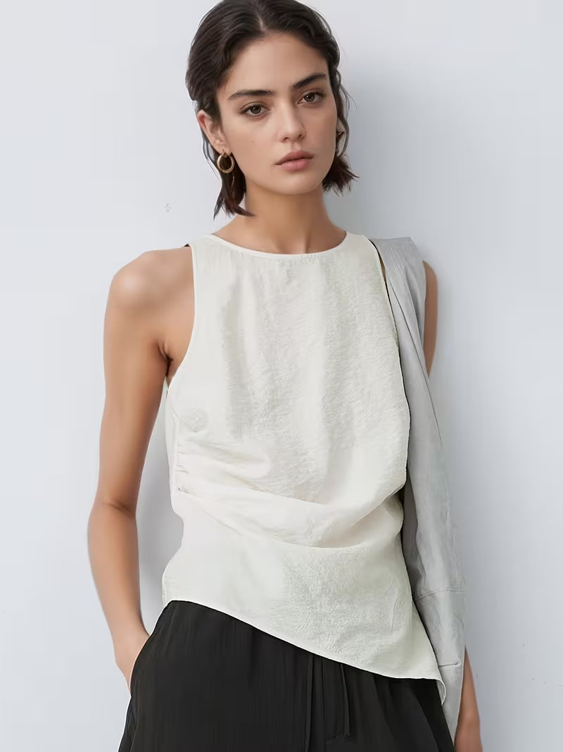New Summer 2026 Women's Fashion Tank Top with Asymmetrical Hem and Pleated Design