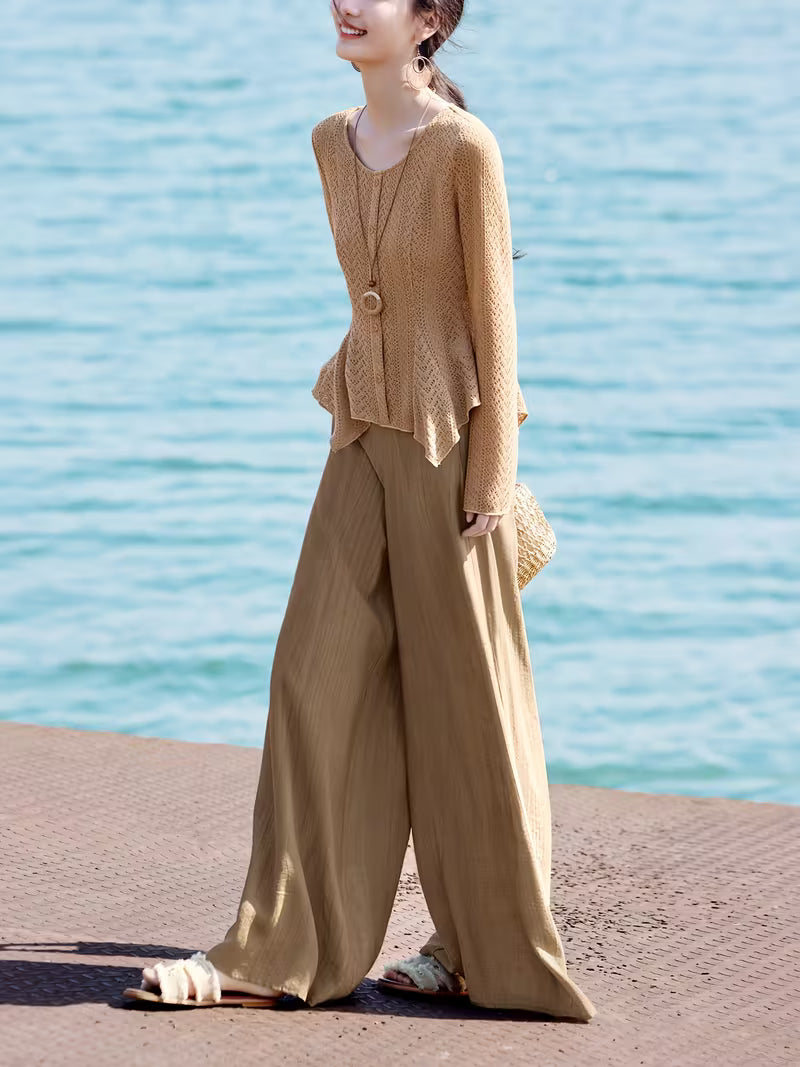2pcs Set: Cardigan + Long Pants, New Summer Women's Pants Suit, Light Oxygen Set, Daily Commute Office Wear, Spring/Summer New Women's Clothing, Elegant Bell Sleeve Irregular Waist-Cinching Top with Draping Wide-Leg Pants in Ombre Color