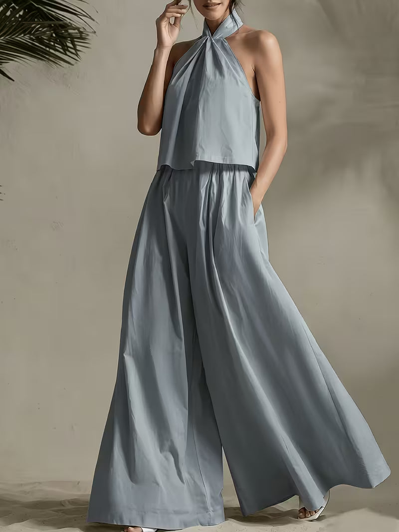 Western Spring Summer Women'S Halter Top And Wide-Leg Long Pants, Comfortable Breathable Fabric, High-End Elegant Quality, Dusty Green Vacation Party City Fashion Premium New Spring Summer Women'S Two-Piece Set