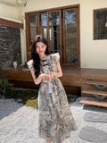 Chinese Style Ink Wash Painting Dress for Women, 2026 Summer New Arrival, Elegant and, New Chinese Style with Tie-Front Button and Small Flutter Sleeves, A-Line Skirt