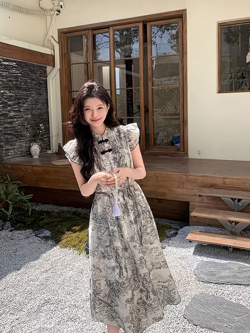 Chinese Style Ink Wash Painting Dress for Women, 2026 Summer New Arrival, Elegant and, New Chinese Style with Tie-Front Button and Small Flutter Sleeves, A-Line Skirt