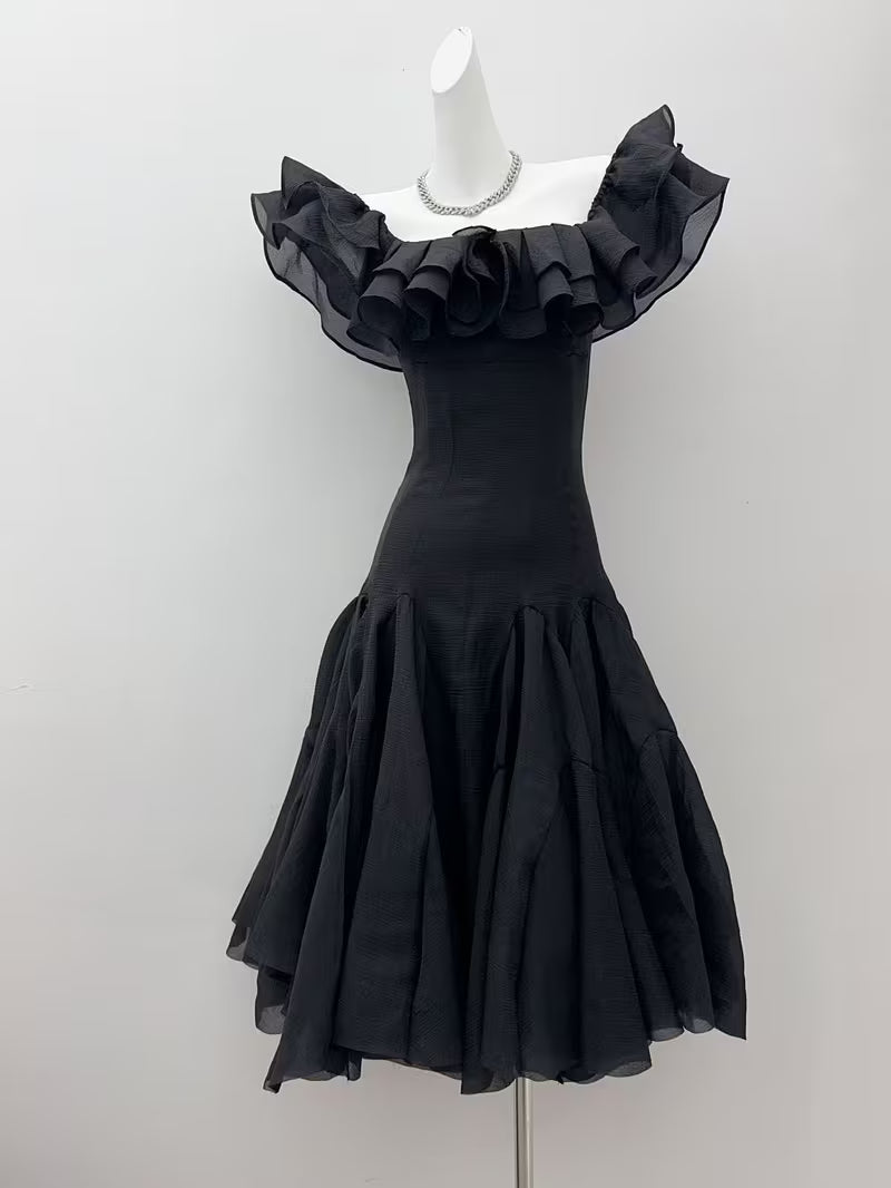 Women' High Waist Sleeveless Off-Shoulder Dress - Solid Ruffle Midi Length Asymmetrical Dress Suitable for Office, Commute & Casual Wear