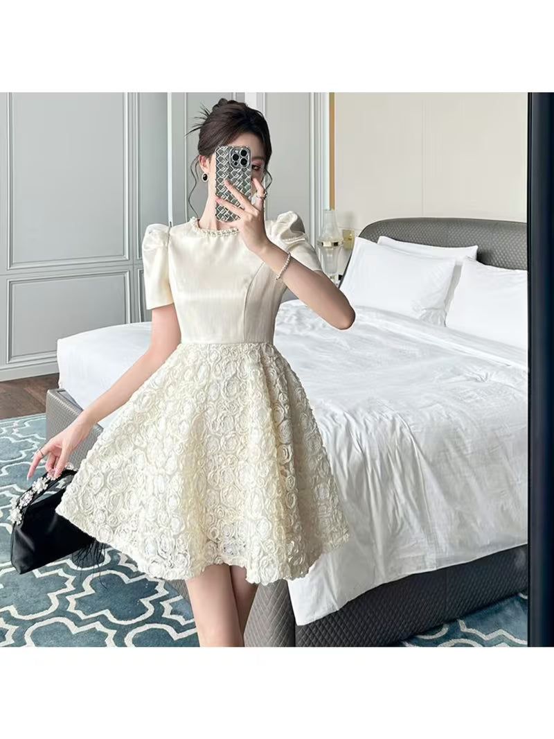 Chic And Luxurious Rose Mesh Cinched-Waist Princess Dress - Designer Fluffy Party Dress